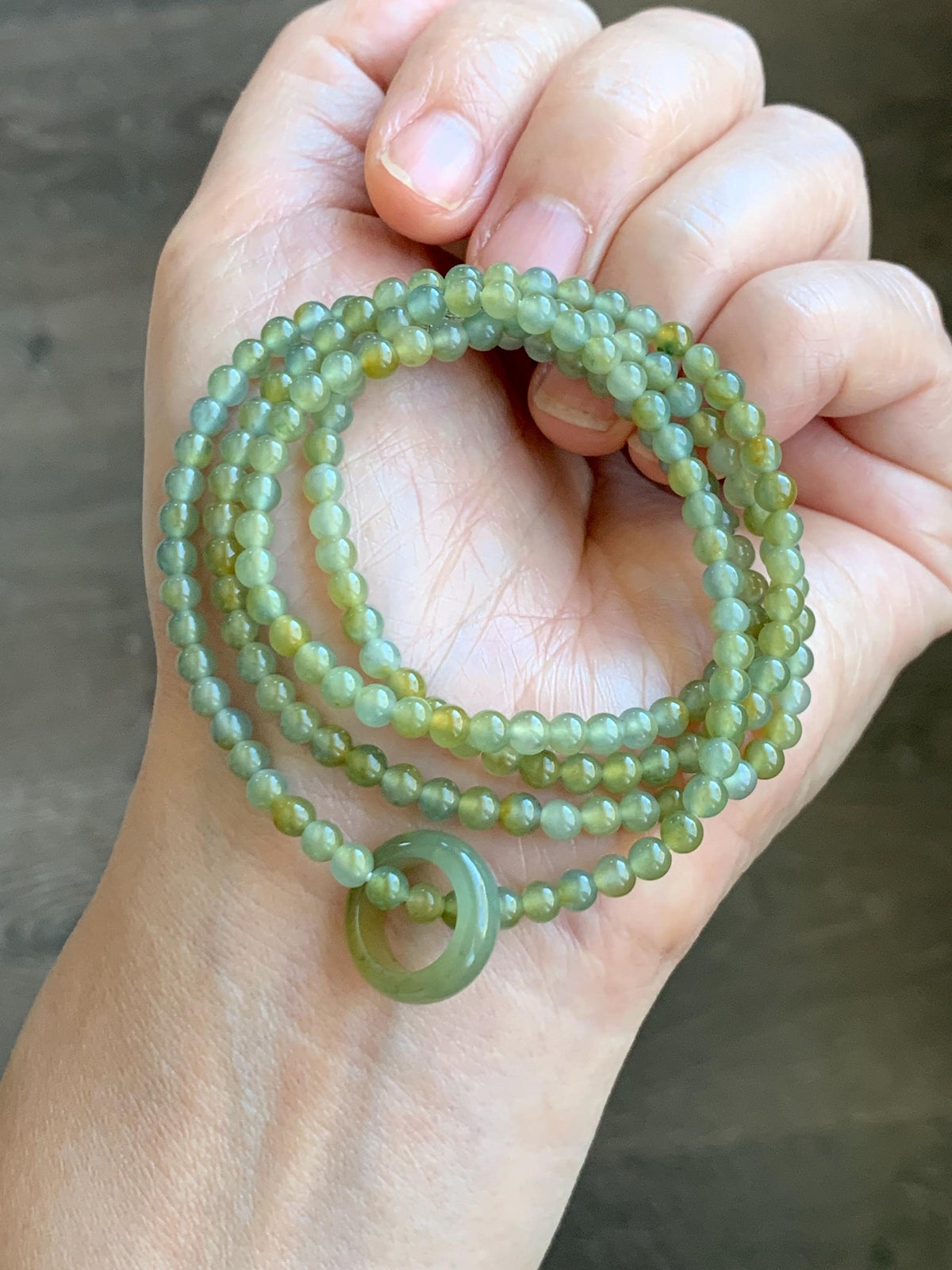 Grade A Natural Guatemalan Icy Pastel Blue Yellow Marbled Jade Jadeite Petite Beaded Necklace & Ring Pendant 3.8mm 24” 天然冰危黄翡翠圆珠跑环项链 WHL327