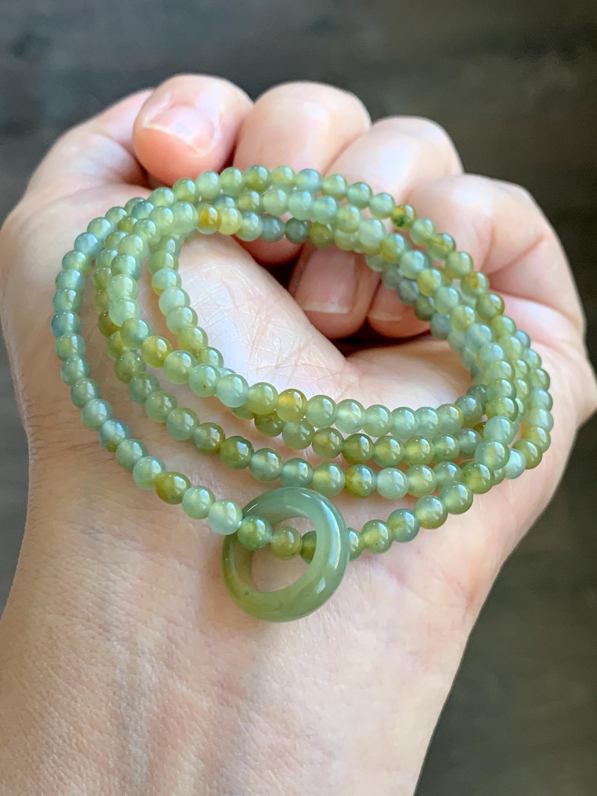 Grade A Natural Guatemalan Icy Pastel Blue Yellow Marbled Jade Jadeite Petite Beaded Necklace & Ring Pendant 3.8mm 24” 天然冰危黄翡翠圆珠跑环项链 WHL327
