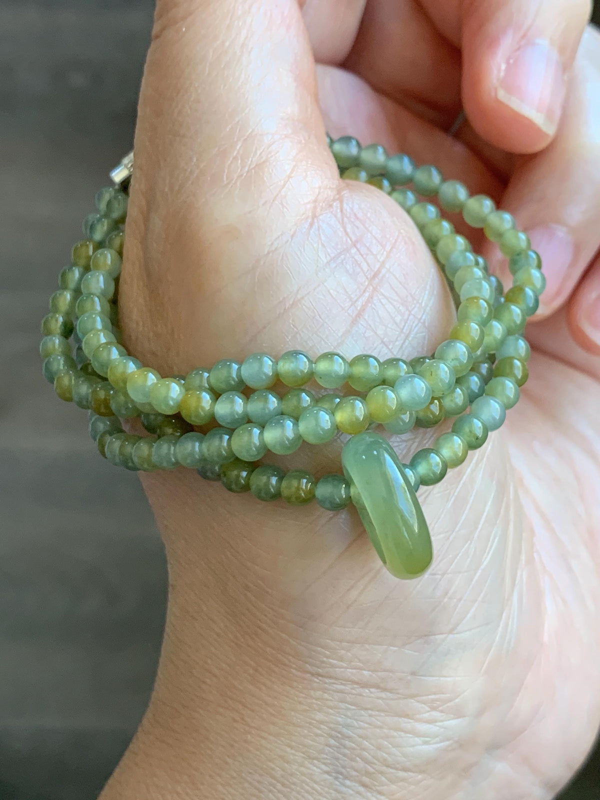 Grade A Natural Guatemalan Icy Pastel Blue Yellow Marbled Jade Jadeite Petite Beaded Necklace & Ring Pendant 3.8mm 24” 天然冰危黄翡翠圆珠跑环项链 WHL327