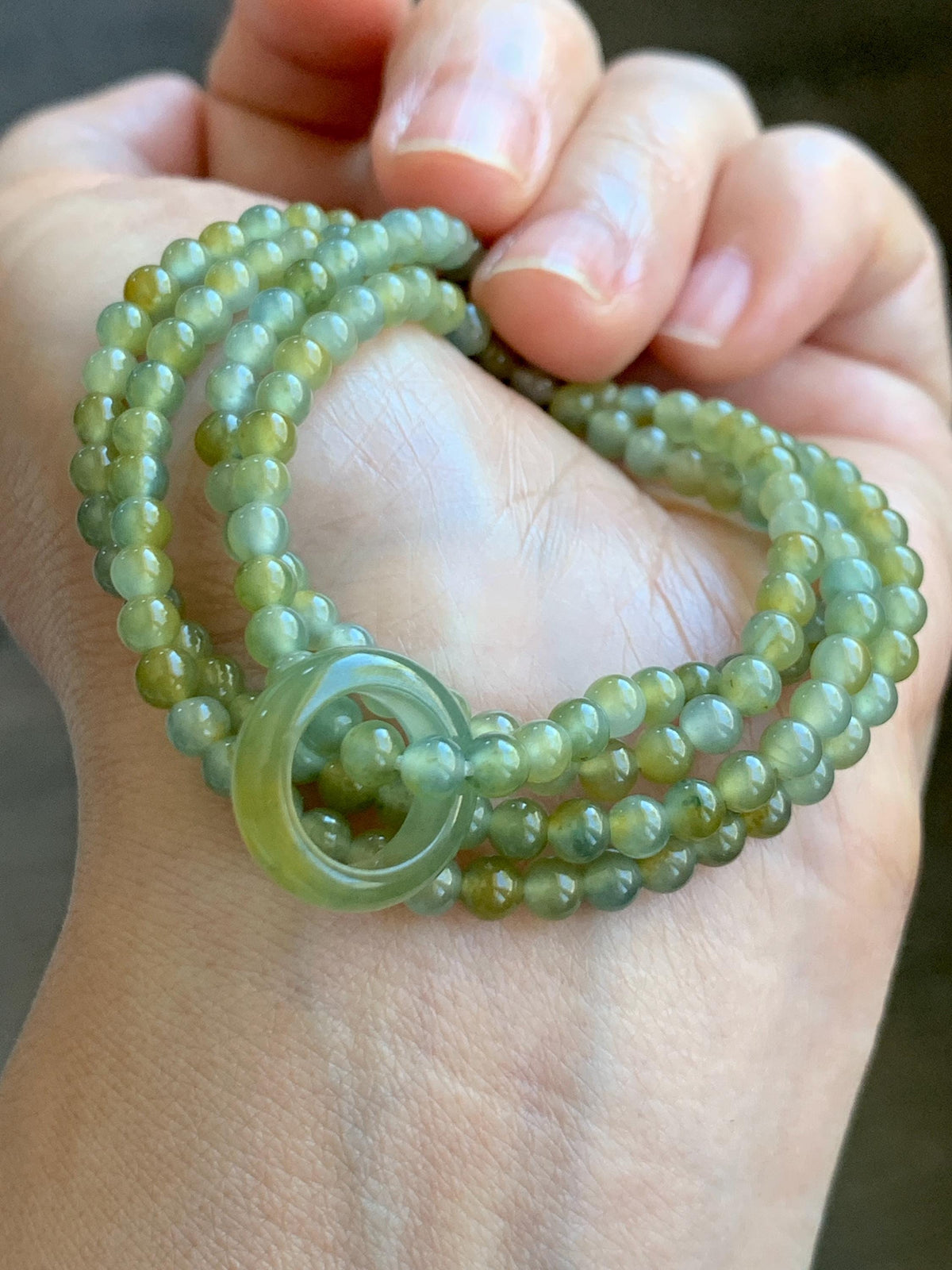 Grade A Natural Guatemalan Icy Pastel Blue Yellow Marbled Jade Jadeite Petite Beaded Necklace & Ring Pendant 3.8mm 24” 天然冰危黄翡翠圆珠跑环项链 WHL327