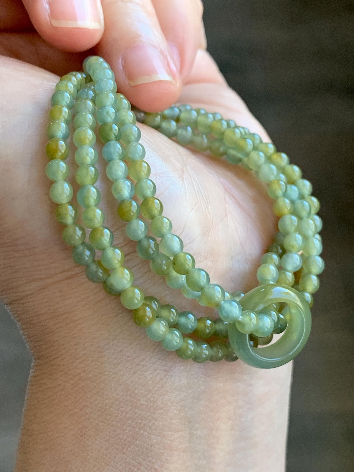 Grade A Natural Guatemalan Icy Pastel Blue Yellow Marbled Jade Jadeite Petite Beaded Necklace & Ring Pendant 3.8mm 24” 天然冰危黄翡翠圆珠跑环项链 WHL327
