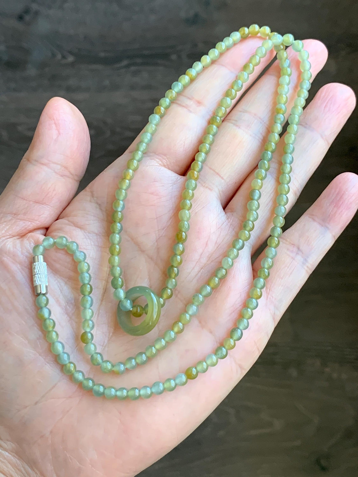 Grade A Natural Guatemalan Icy Pastel Blue Yellow Marbled Jade Jadeite Petite Beaded Necklace & Ring Pendant 3.8mm 24” 天然冰危黄翡翠圆珠跑环项链 WHL327