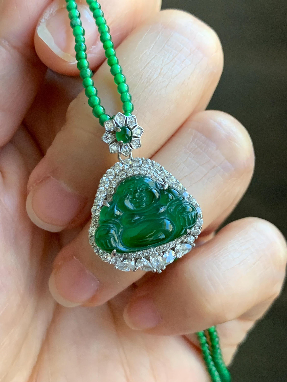 Certified Natural Grade A Guatemalan Icy Vibrant Green Jadeite Buddha Pendant Sterling Silver Beaded Necklace 19.5” 天然冰危绿翡翠佛公吊坠绿翡翠珠项链 914
