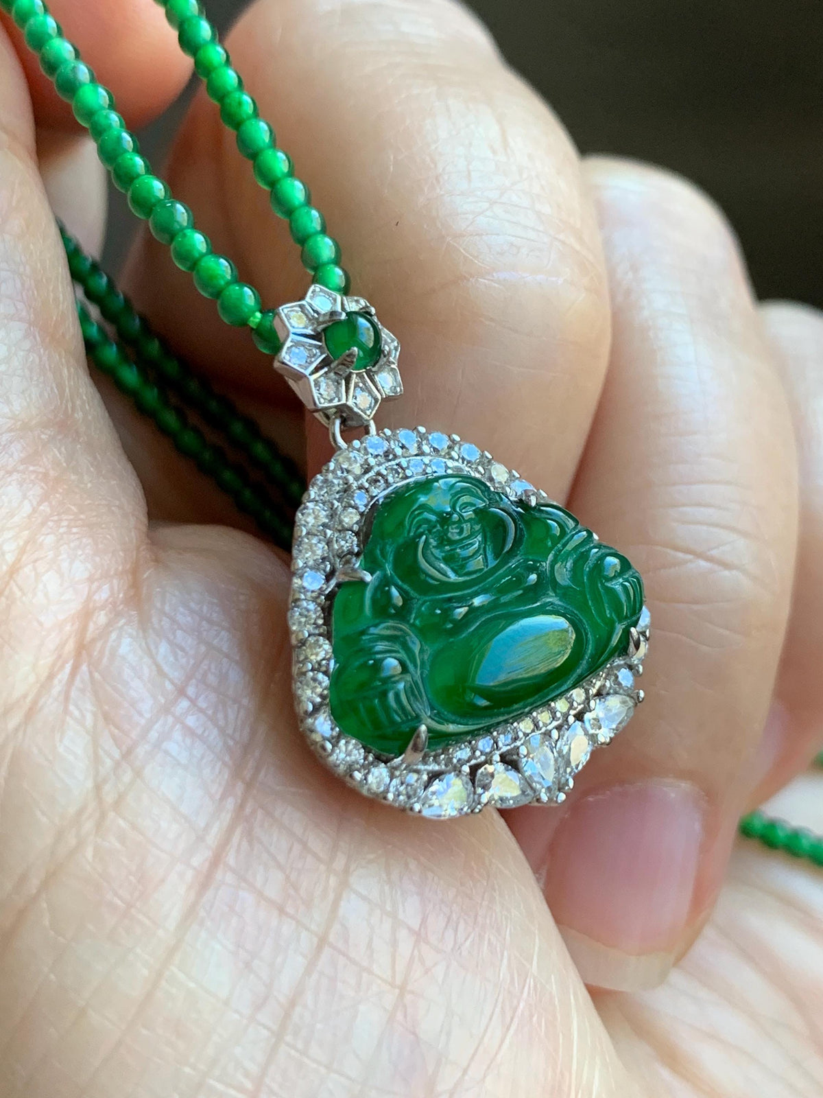 Certified Natural Grade A Guatemalan Icy Vibrant Green Jadeite Buddha Pendant Sterling Silver Beaded Necklace 19.5” 天然冰危绿翡翠佛公吊坠绿翡翠珠项链 914