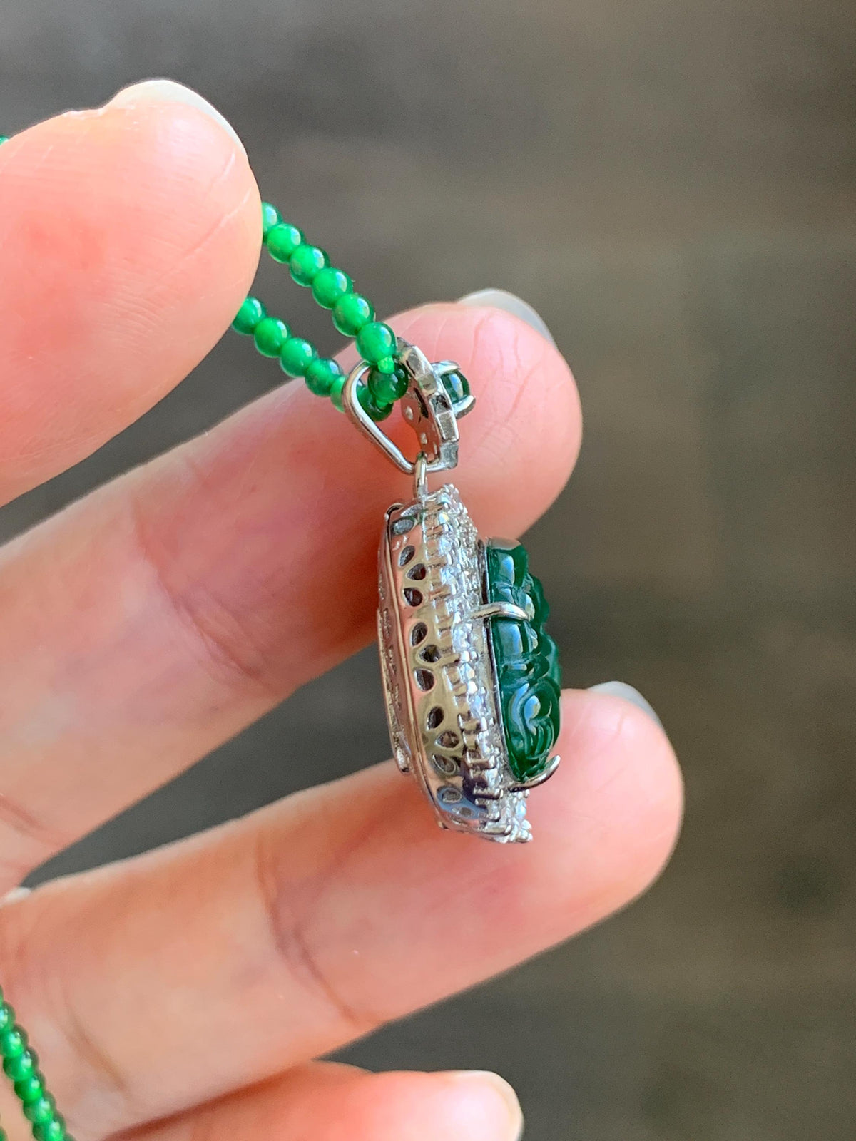 Certified Natural Grade A Guatemalan Icy Vibrant Green Jadeite Buddha Pendant Sterling Silver Beaded Necklace 19.5” 天然冰危绿翡翠佛公吊坠绿翡翠珠项链 914