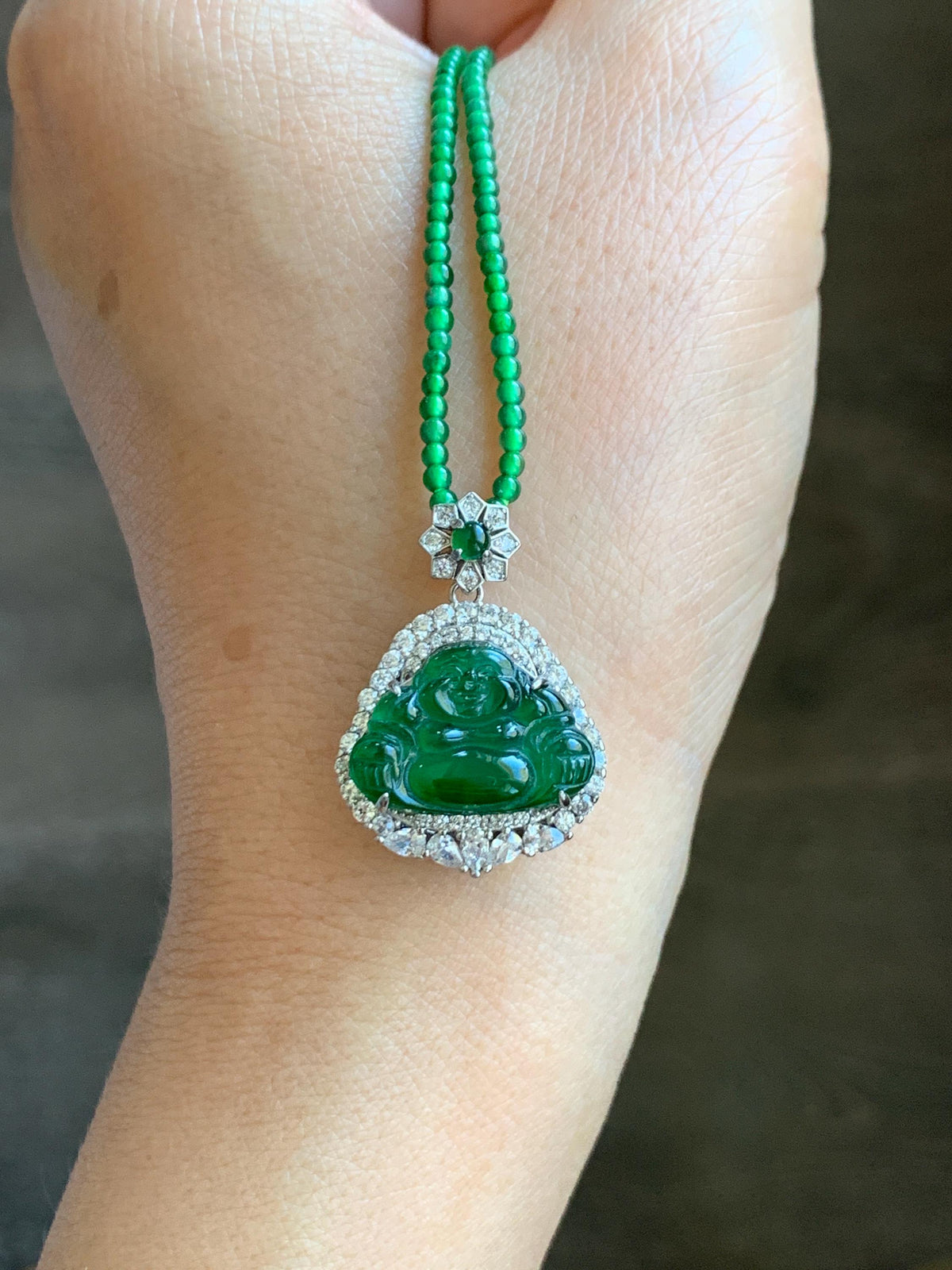 Certified Natural Grade A Guatemalan Icy Vibrant Green Jadeite Buddha Pendant Sterling Silver Beaded Necklace 19.5” 天然冰危绿翡翠佛公吊坠绿翡翠珠项链 914