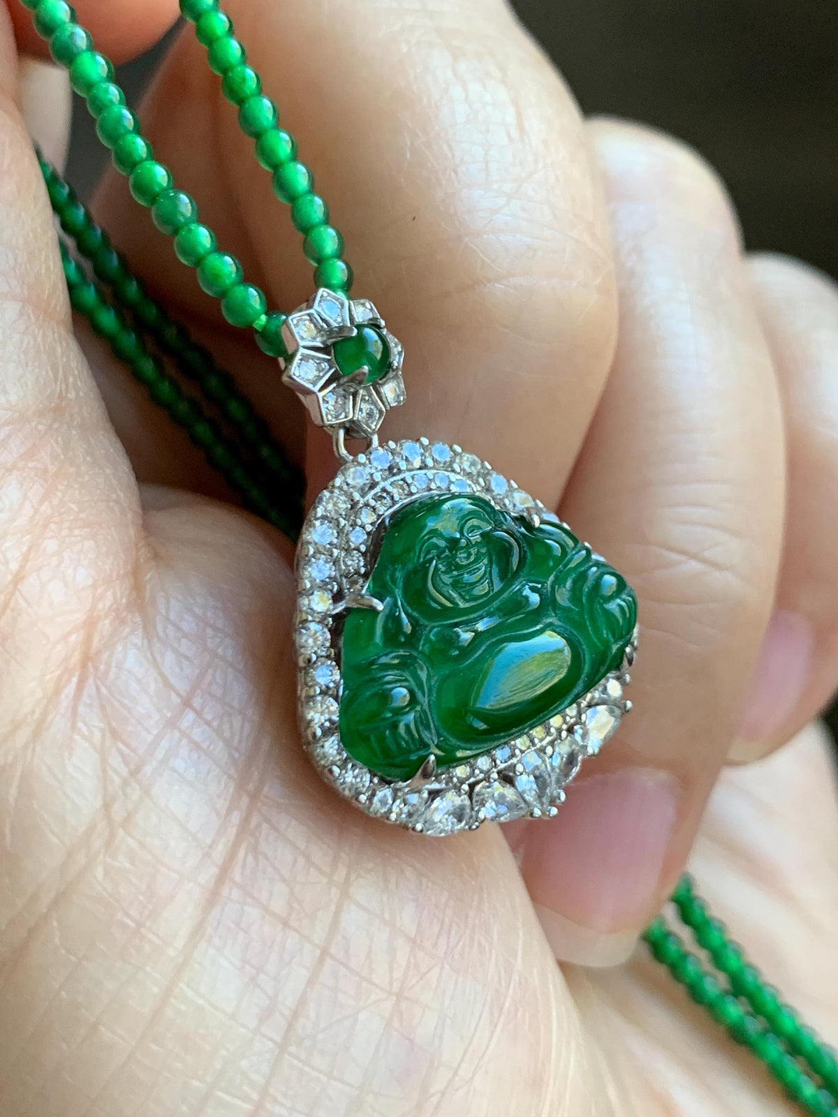 Certified Natural Grade A Guatemalan Icy Vibrant Green Jadeite Buddha Pendant Sterling Silver Beaded Necklace 19.5” 天然冰危绿翡翠佛公吊坠绿翡翠珠项链 914