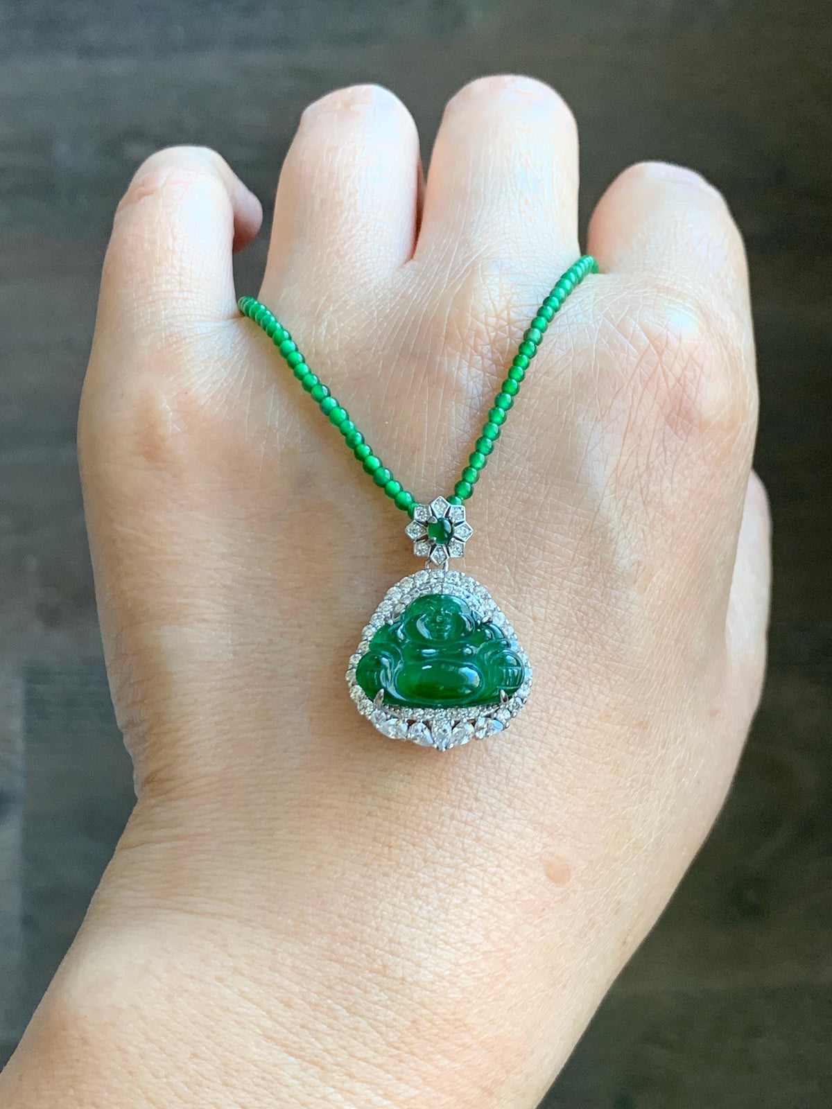Certified Natural Grade A Guatemalan Icy Vibrant Green Jadeite Buddha Pendant Sterling Silver Beaded Necklace 19.5” 天然冰危绿翡翠佛公吊坠绿翡翠珠项链 914