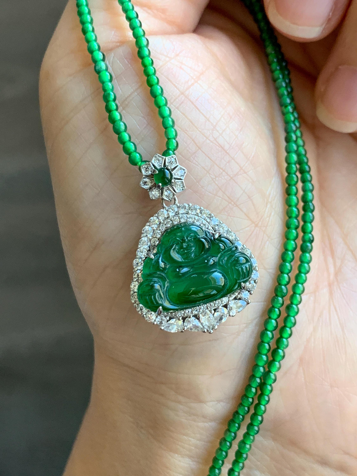 Certified Natural Grade A Guatemalan Icy Vibrant Green Jadeite Buddha Pendant Sterling Silver Beaded Necklace 19.5” 天然冰危绿翡翠佛公吊坠绿翡翠珠项链 914