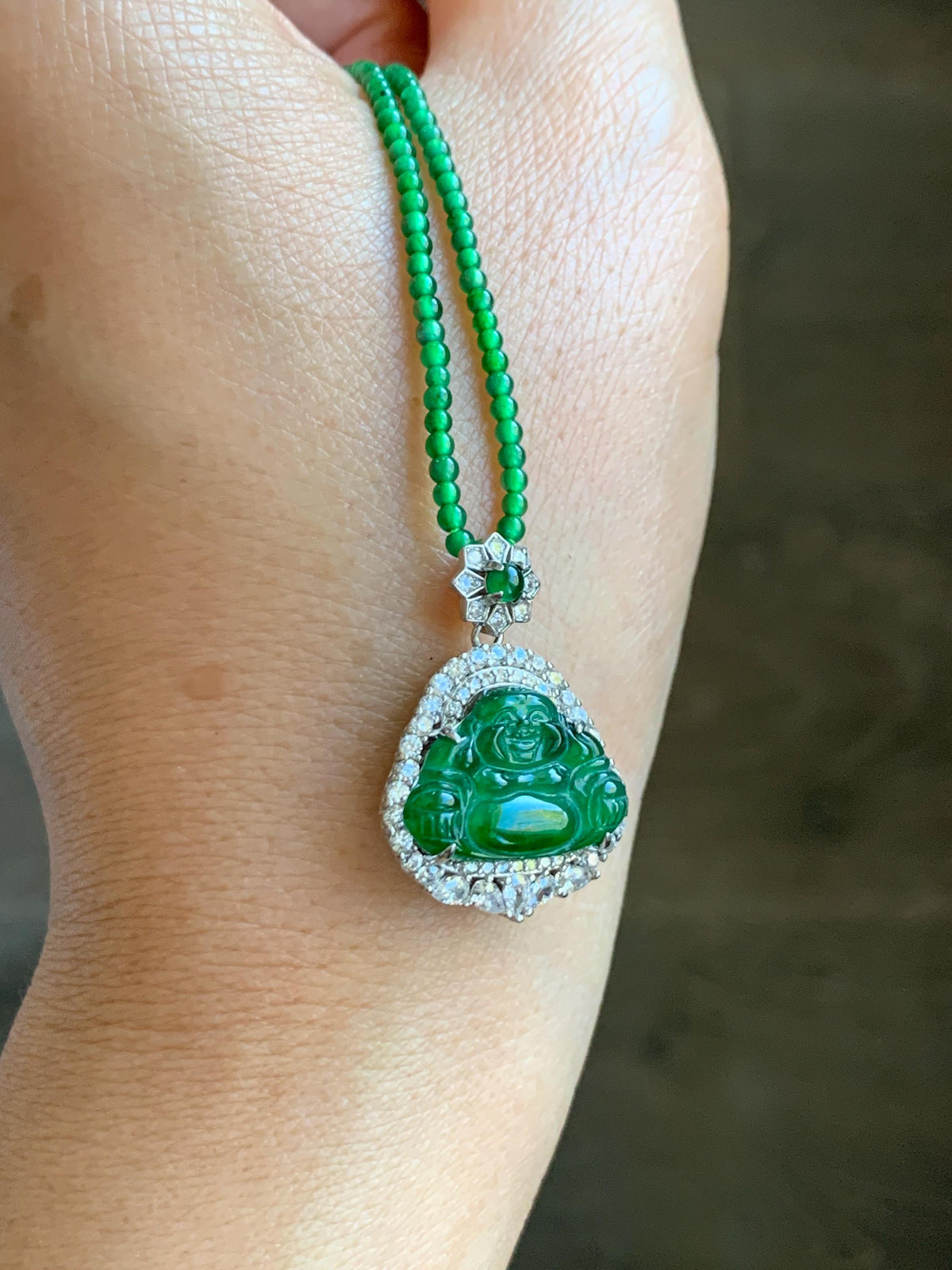 Certified Natural Grade A Guatemalan Icy Vibrant Green Jadeite Buddha Pendant Sterling Silver Beaded Necklace 19.5” 天然冰危绿翡翠佛公吊坠绿翡翠珠项链 914
