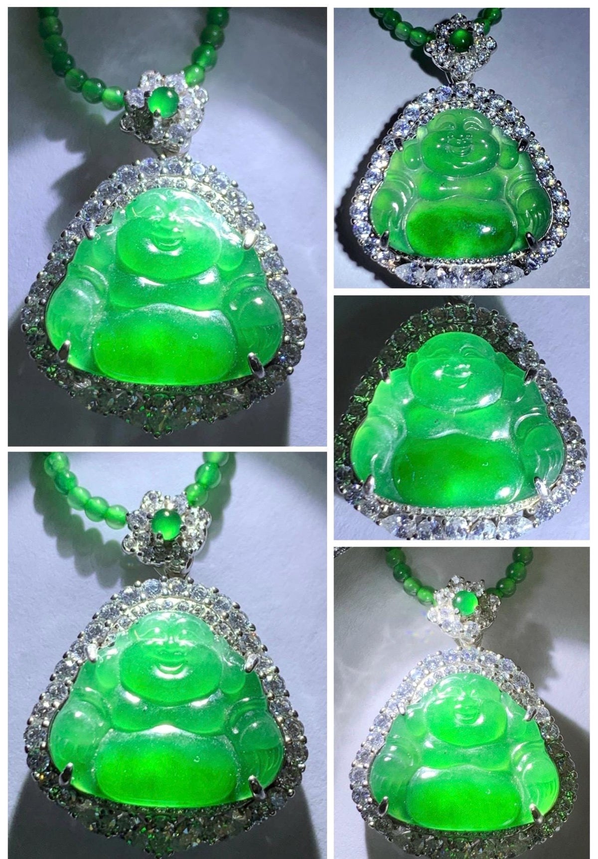 Certified Natural Grade A Guatemalan Icy Vibrant Green Jadeite Buddha Pendant Sterling Silver Beaded Necklace 20” 10g 天然冰危绿翡翠佛公吊坠绿翡翠珠项链 968