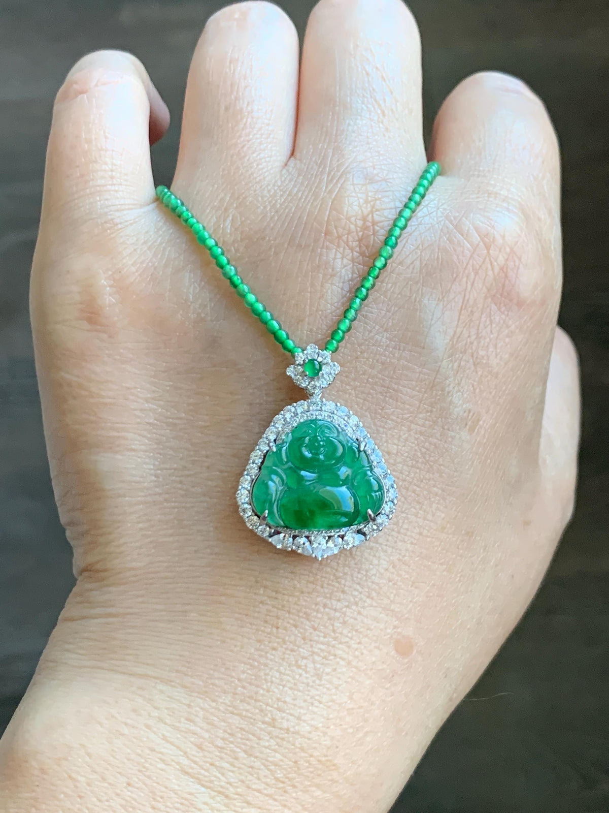 Certified Natural Grade A Guatemalan Icy Vibrant Green Jadeite Buddha Pendant Sterling Silver Beaded Necklace 20” 10g 天然冰危绿翡翠佛公吊坠绿翡翠珠项链 968