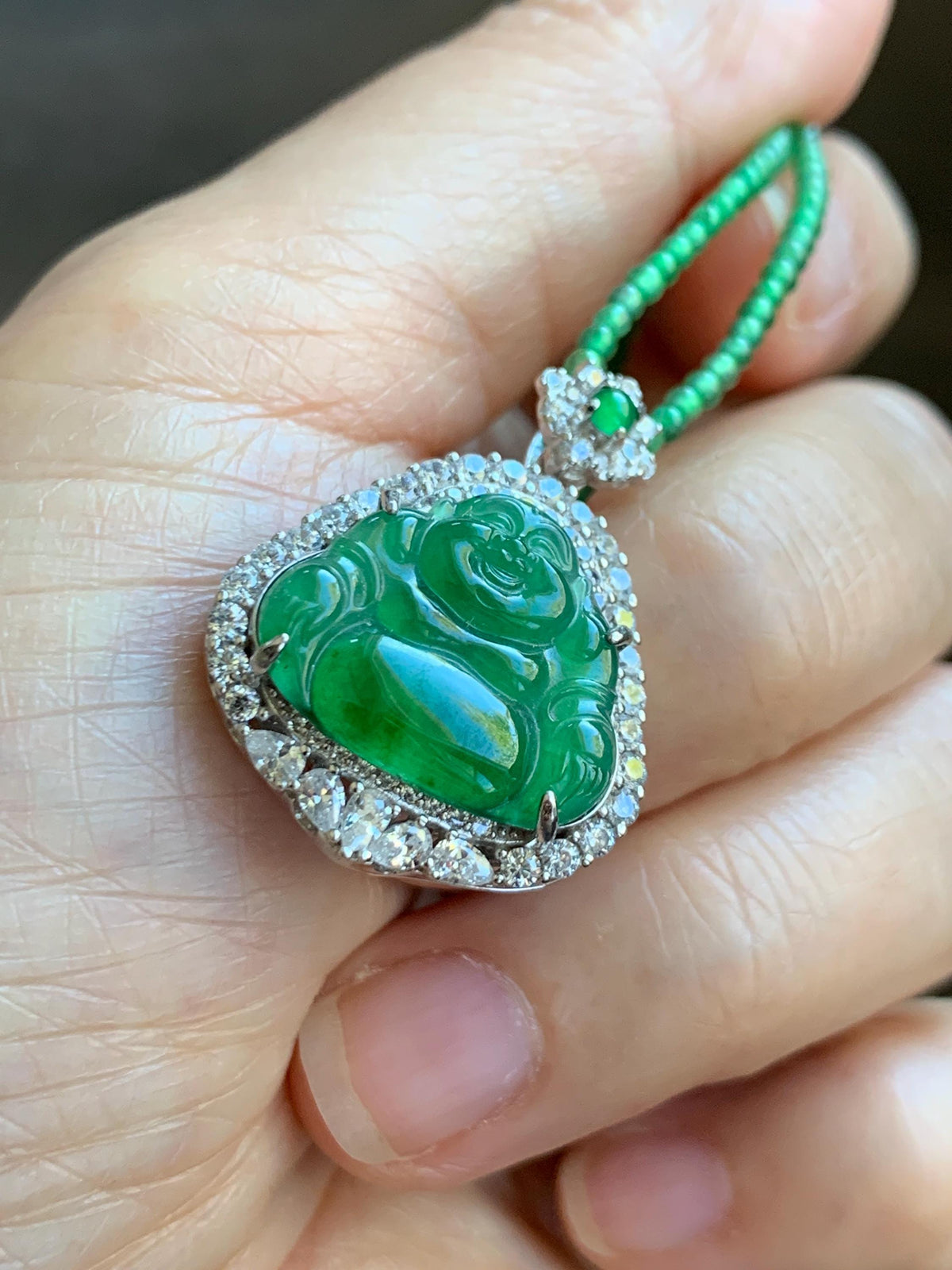 Certified Natural Grade A Guatemalan Icy Vibrant Green Jadeite Buddha Pendant Sterling Silver Beaded Necklace 20” 10g 天然冰危绿翡翠佛公吊坠绿翡翠珠项链 968