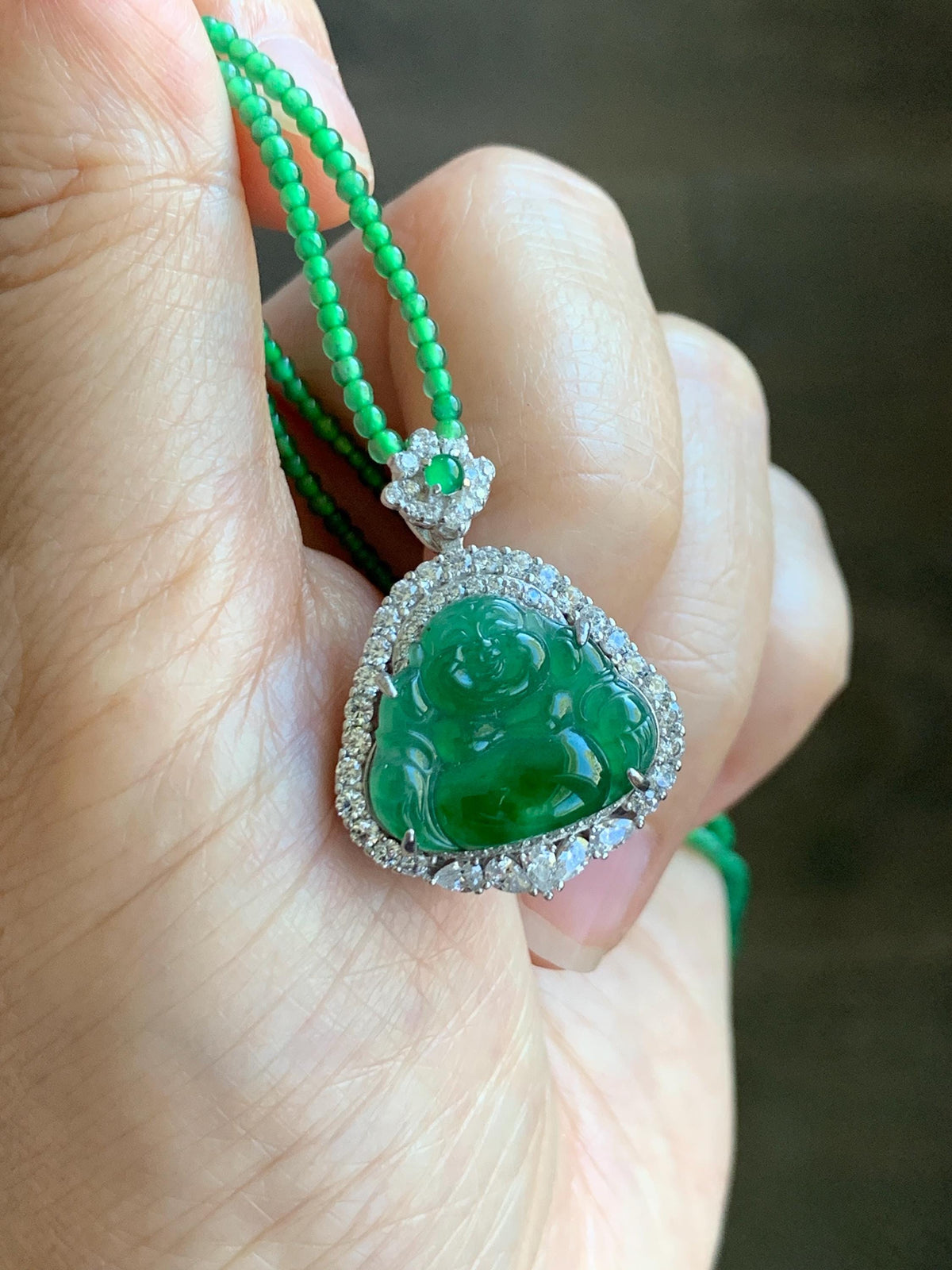 Certified Natural Grade A Guatemalan Icy Vibrant Green Jadeite Buddha Pendant Sterling Silver Beaded Necklace 20” 10g 天然冰危绿翡翠佛公吊坠绿翡翠珠项链 968