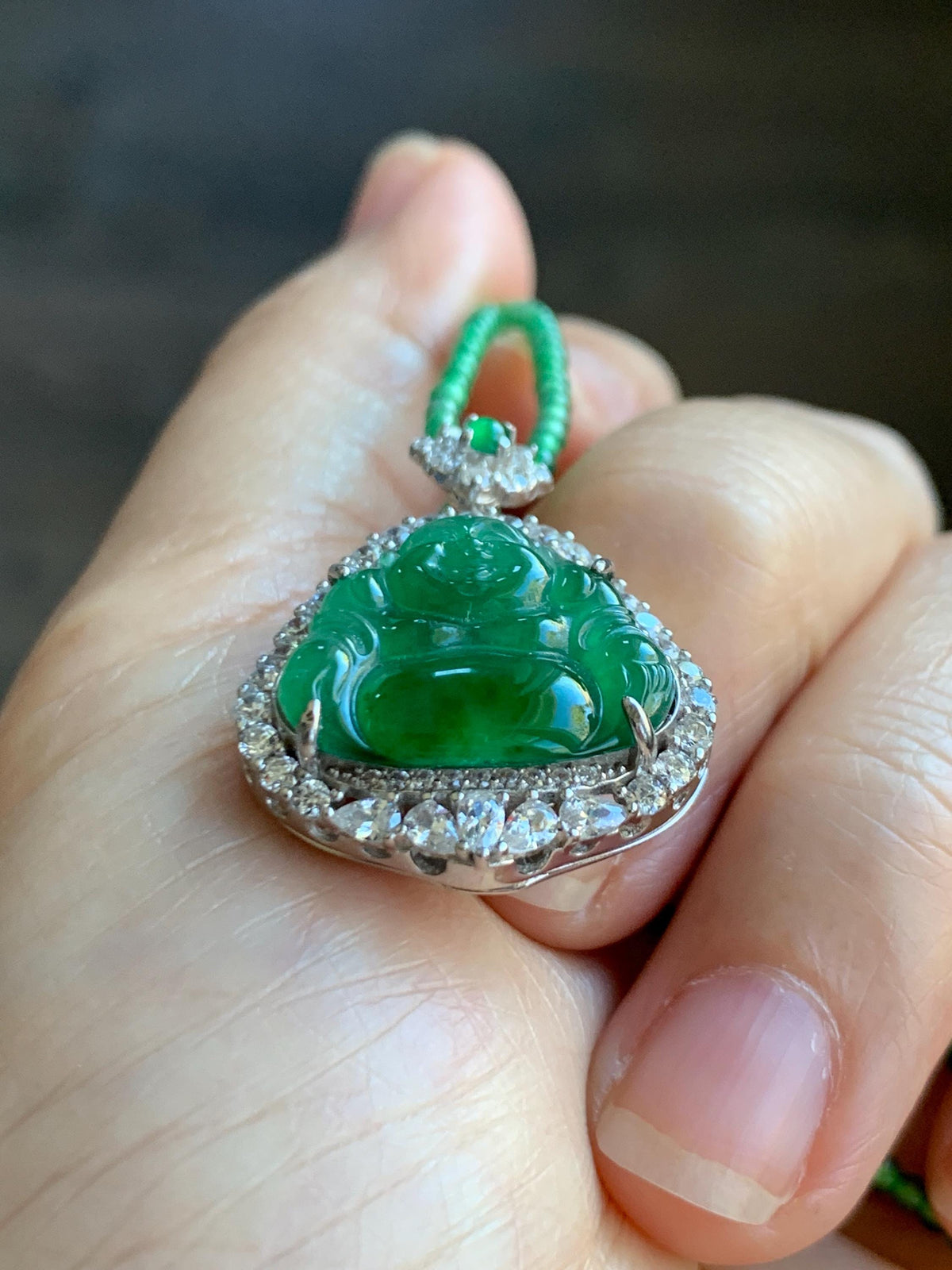 Certified Natural Grade A Guatemalan Icy Vibrant Green Jadeite Buddha Pendant Sterling Silver Beaded Necklace 20” 10g 天然冰危绿翡翠佛公吊坠绿翡翠珠项链 968