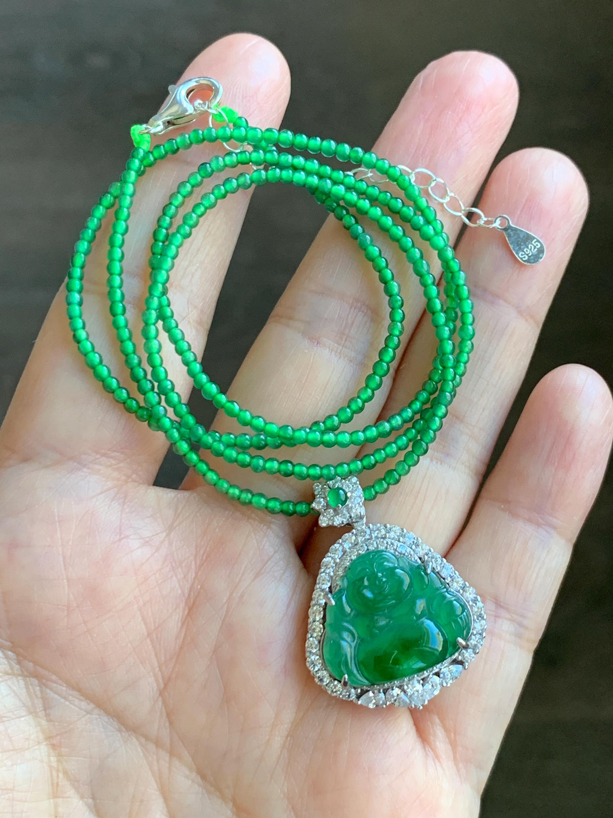 Certified Natural Grade A Guatemalan Icy Vibrant Green Jadeite Buddha Pendant Sterling Silver Beaded Necklace 20” 10g 天然冰危绿翡翠佛公吊坠绿翡翠珠项链 968
