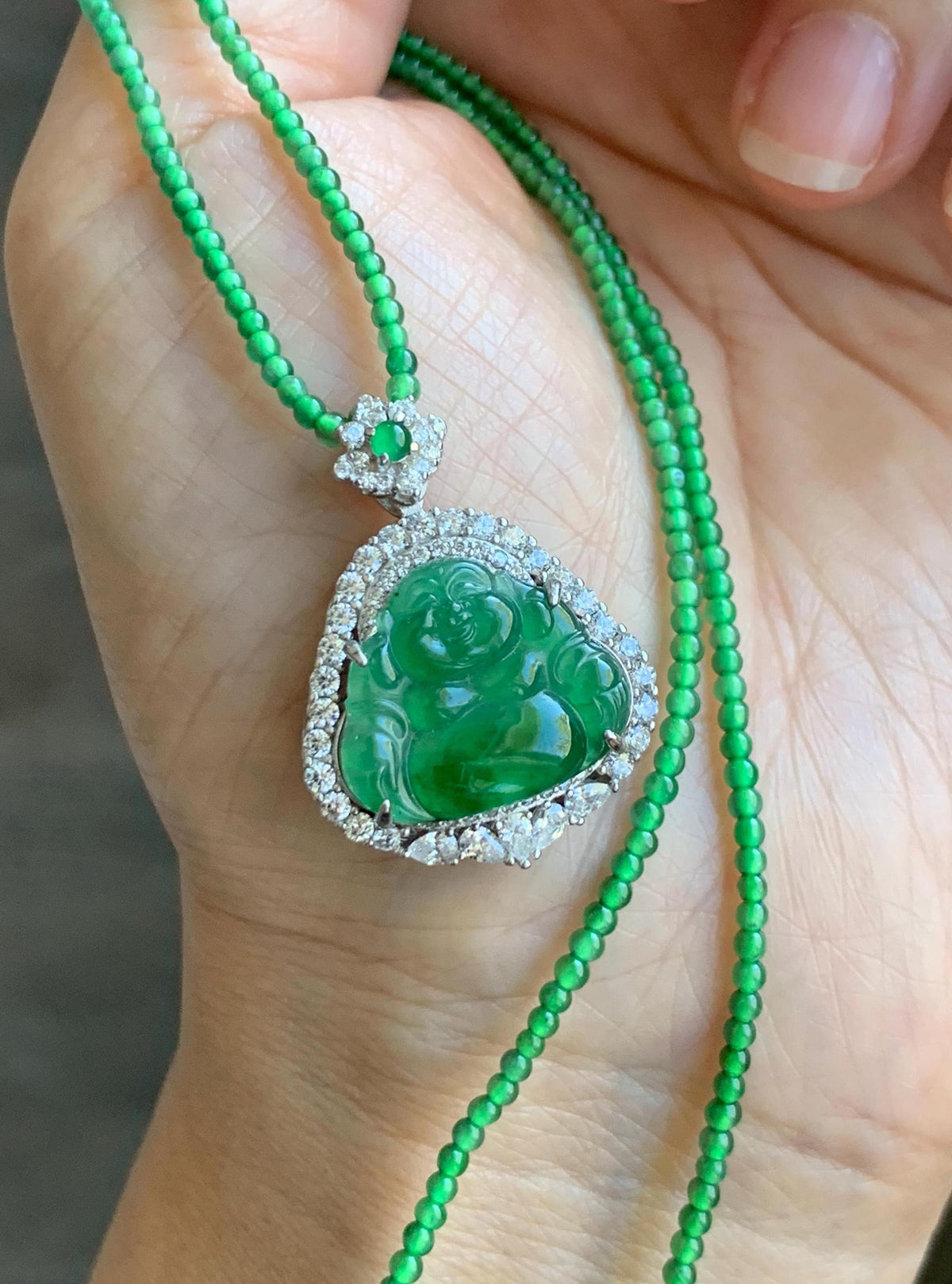 Certified Natural Grade A Guatemalan Icy Vibrant Green Jadeite Buddha Pendant Sterling Silver Beaded Necklace 20” 10g 天然冰危绿翡翠佛公吊坠绿翡翠珠项链 968