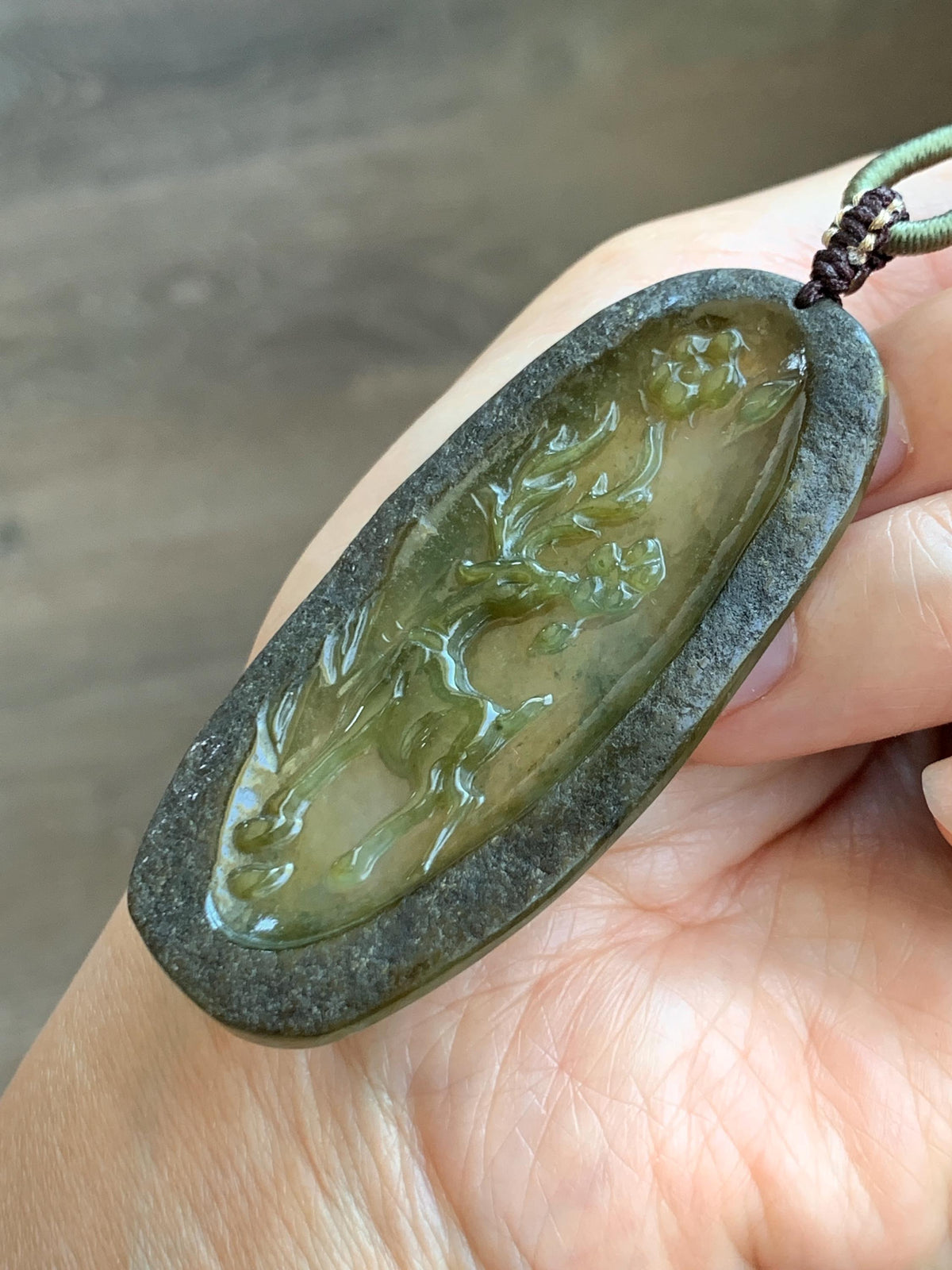 Natural Grade A Icy Translucent Dusty Olive Green Jade Jadeite Deer Cherry Blossom Pendant Rope Necklace 24.5” 14g 天然冰茶黄翡翠梅花鹿吊坠 MPL100