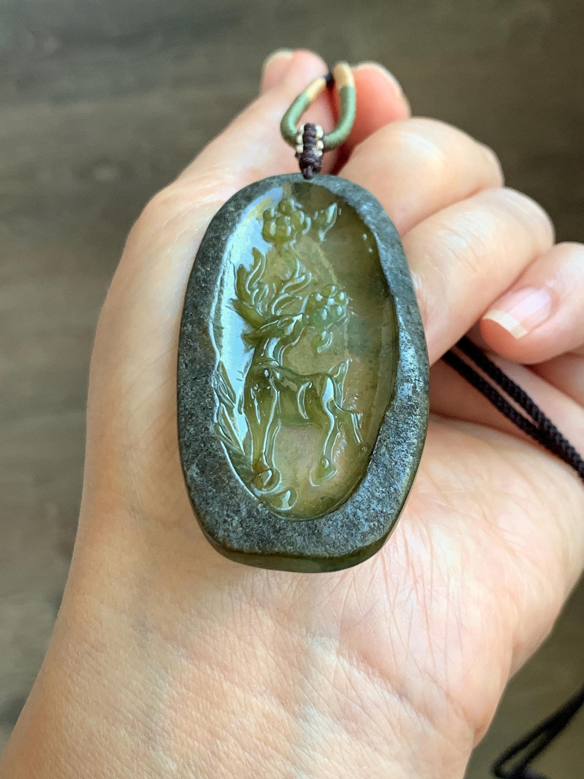 Natural Grade A Icy Translucent Dusty Olive Green Jade Jadeite Deer Cherry Blossom Pendant Rope Necklace 24.5” 14g 天然冰茶黄翡翠梅花鹿吊坠 MPL100