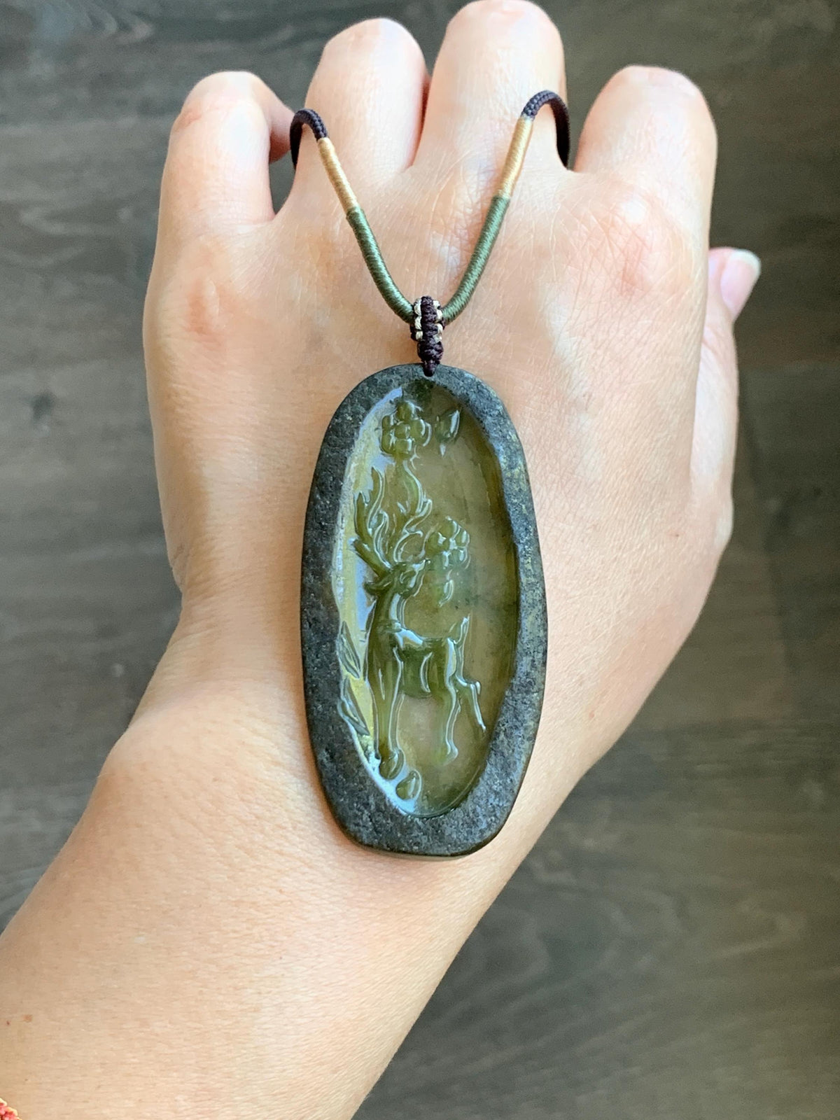 Natural Grade A Icy Translucent Dusty Olive Green Jade Jadeite Deer Cherry Blossom Pendant Rope Necklace 24.5” 14g 天然冰茶黄翡翠梅花鹿吊坠 MPL100