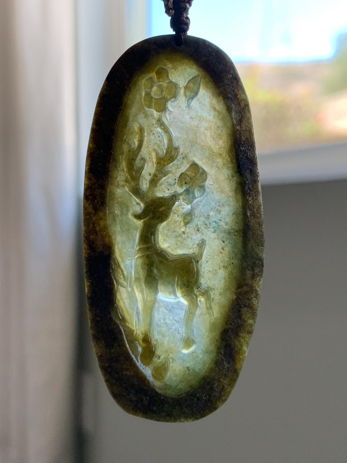 Natural Grade A Icy Translucent Dusty Olive Green Jade Jadeite Deer Cherry Blossom Pendant Rope Necklace 24.5” 14g 天然冰茶黄翡翠梅花鹿吊坠 MPL100