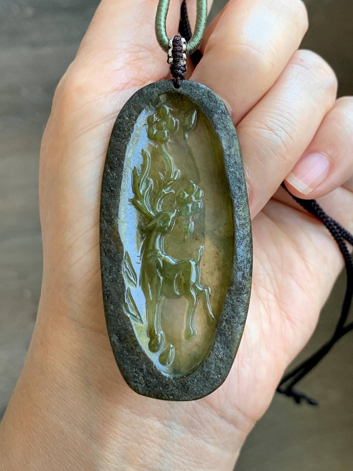 Natural Grade A Icy Translucent Dusty Olive Green Jade Jadeite Deer Cherry Blossom Pendant Rope Necklace 24.5” 14g 天然冰茶黄翡翠梅花鹿吊坠 MPL100