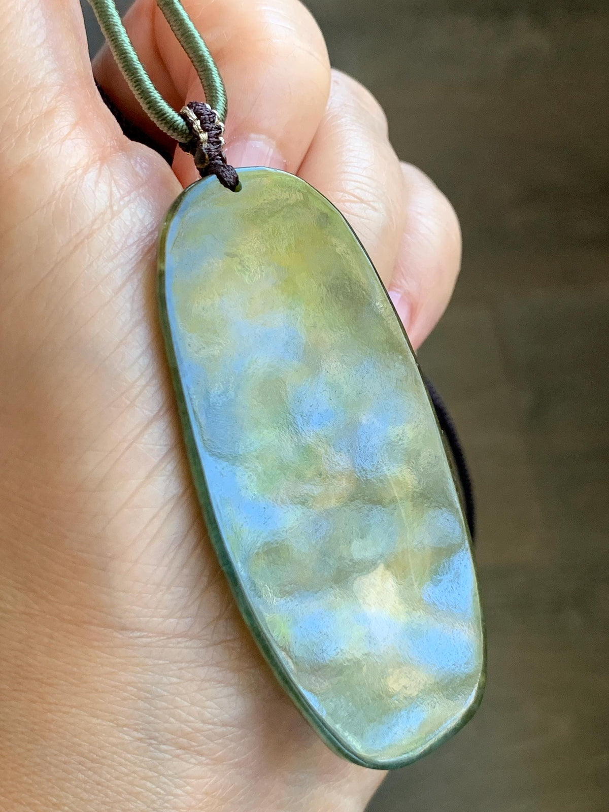 Natural Grade A Icy Translucent Dusty Olive Green Jade Jadeite Deer Cherry Blossom Pendant Rope Necklace 24.5” 14g 天然冰茶黄翡翠梅花鹿吊坠 MPL100