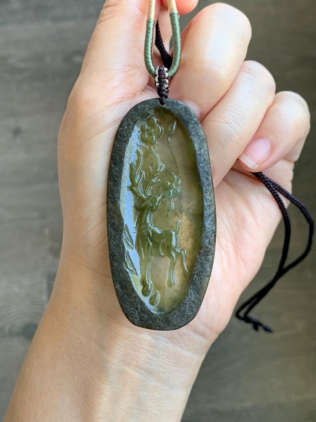 Natural Grade A Icy Translucent Dusty Olive Green Jade Jadeite Deer Cherry Blossom Pendant Rope Necklace 24.5” 14g 天然冰茶黄翡翠梅花鹿吊坠 MPL100