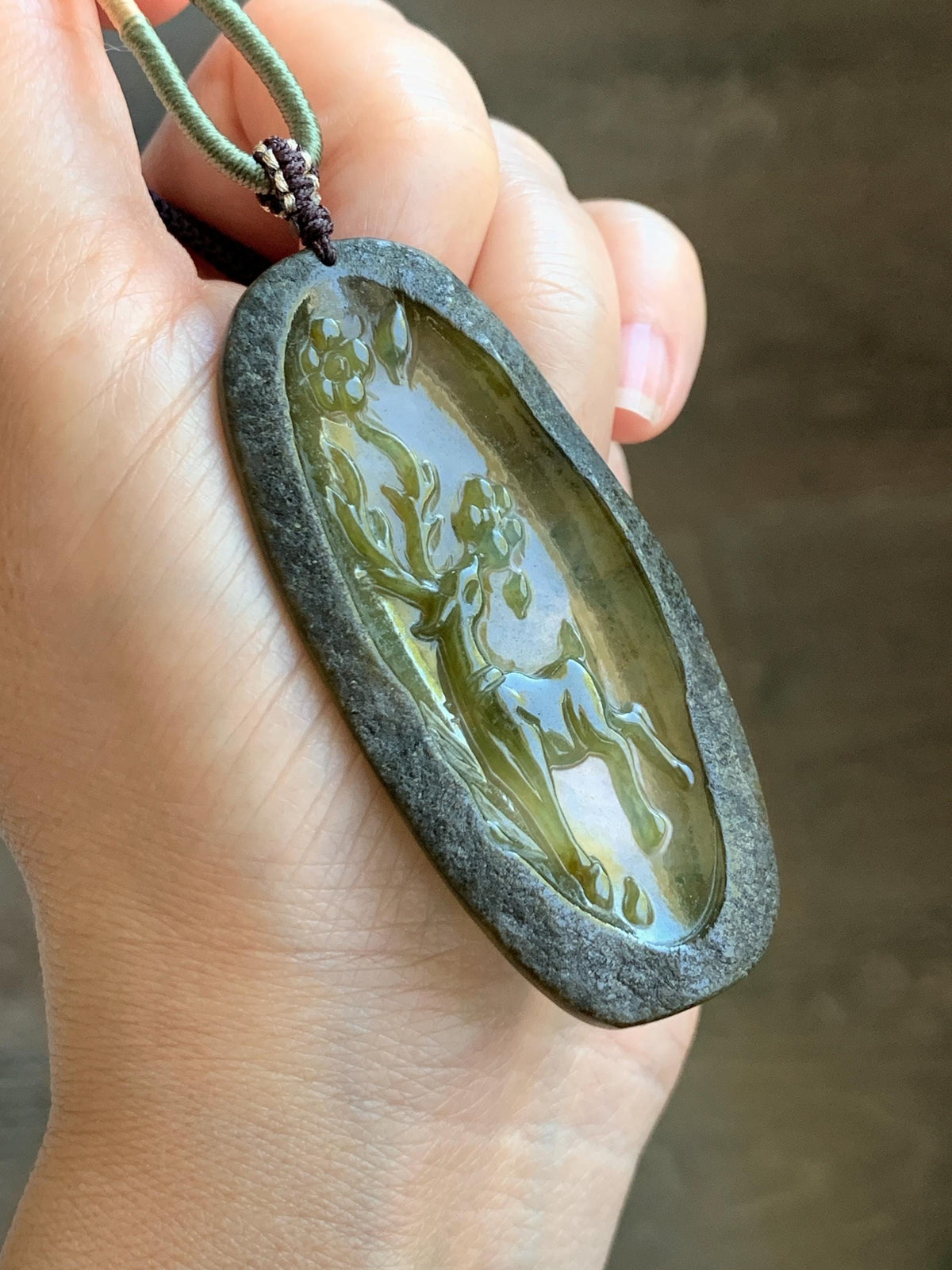 Natural Grade A Icy Translucent Dusty Olive Green Jade Jadeite Deer Cherry Blossom Pendant Rope Necklace 24.5” 14g 天然冰茶黄翡翠梅花鹿吊坠 MPL100