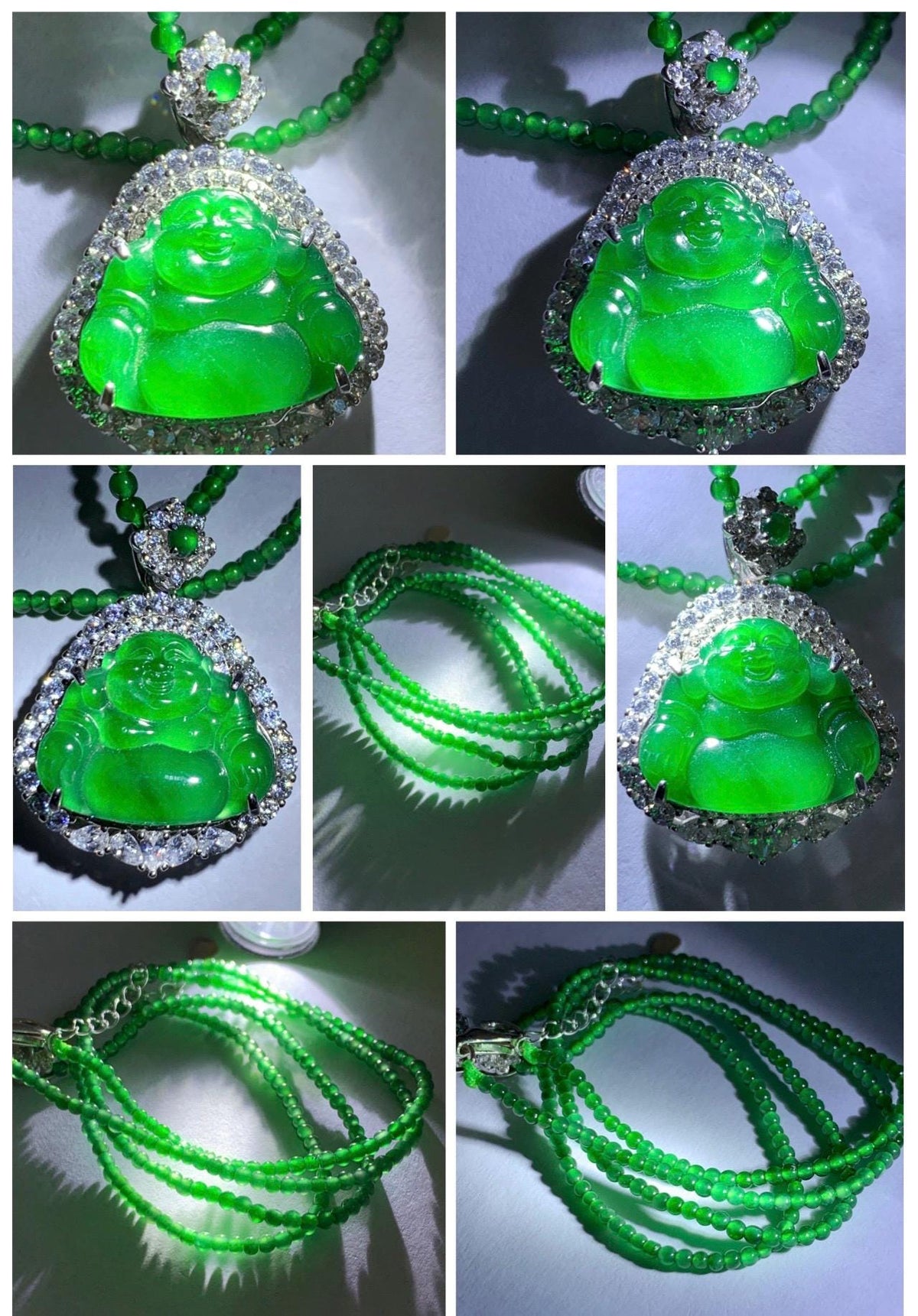 Certified Natural Grade A Guatemalan Icy Vibrant Green Jadeite Buddha Pendant Sterling Silver Beaded Necklace 20” 11g 天然冰危绿翡翠佛公吊坠绿翡翠珠项链 967