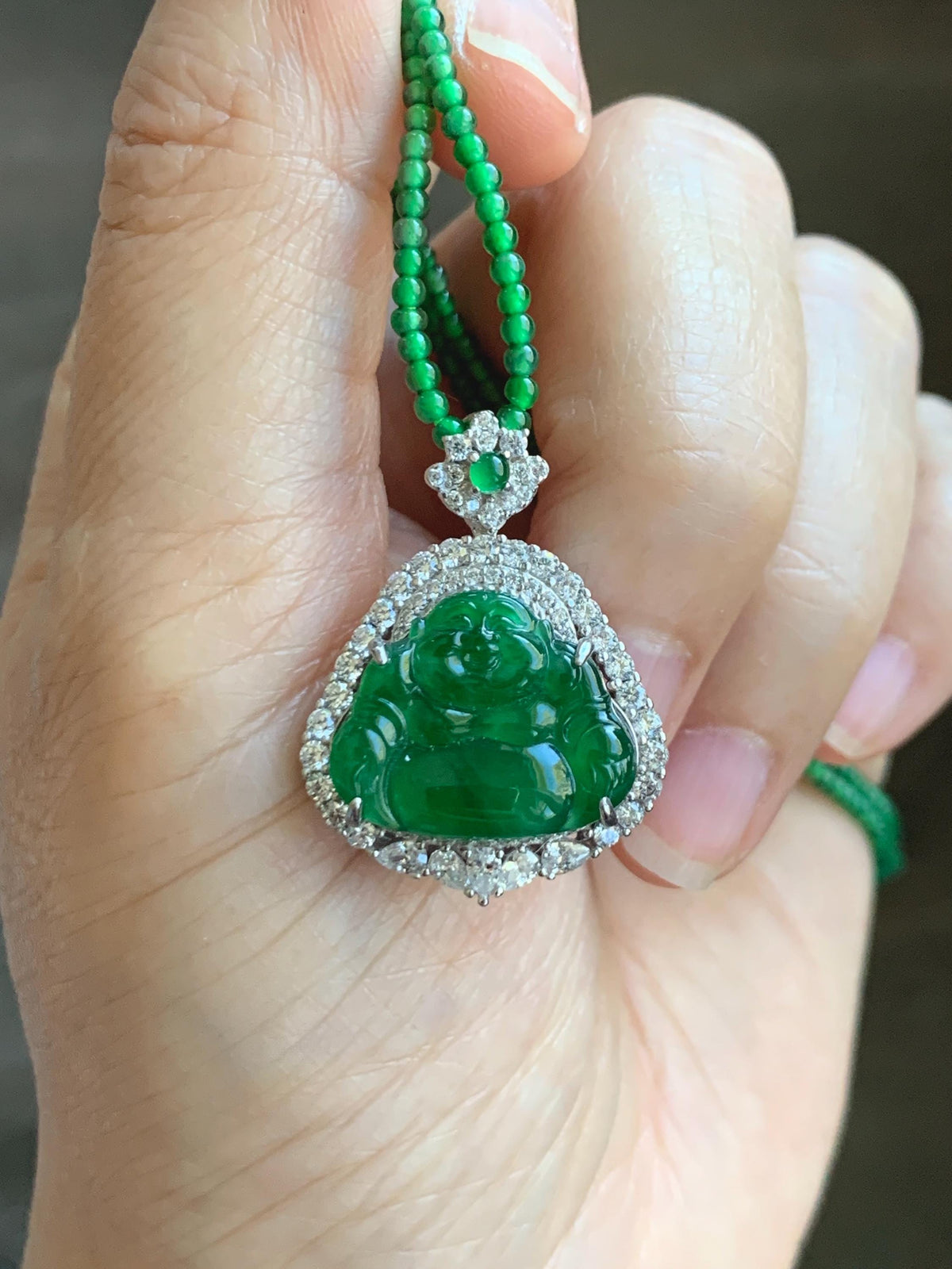 Certified Natural Grade A Guatemalan Icy Vibrant Green Jadeite Buddha Pendant Sterling Silver Beaded Necklace 20” 11g 天然冰危绿翡翠佛公吊坠绿翡翠珠项链 967