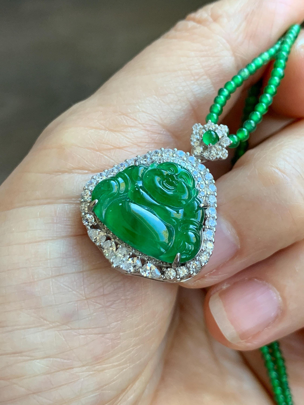 Certified Natural Grade A Guatemalan Icy Vibrant Green Jadeite Buddha Pendant Sterling Silver Beaded Necklace 20” 11g 天然冰危绿翡翠佛公吊坠绿翡翠珠项链 967