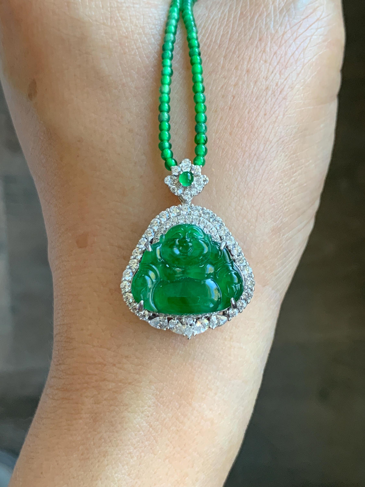 Certified Natural Grade A Guatemalan Icy Vibrant Green Jadeite Buddha Pendant Sterling Silver Beaded Necklace 20” 11g 天然冰危绿翡翠佛公吊坠绿翡翠珠项链 967
