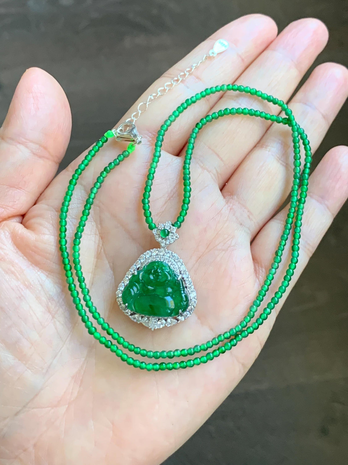 Certified Natural Grade A Guatemalan Icy Vibrant Green Jadeite Buddha Pendant Sterling Silver Beaded Necklace 20” 11g 天然冰危绿翡翠佛公吊坠绿翡翠珠项链 967
