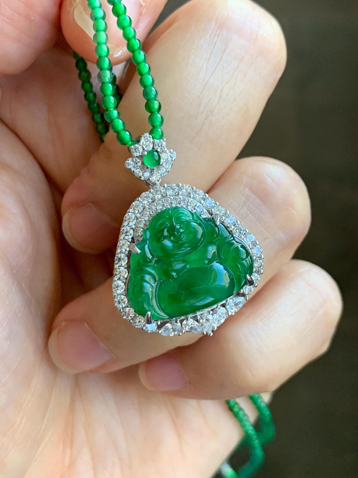 Certified Natural Grade A Guatemalan Icy Vibrant Green Jadeite Buddha Pendant Sterling Silver Beaded Necklace 20” 11g 天然冰危绿翡翠佛公吊坠绿翡翠珠项链 967