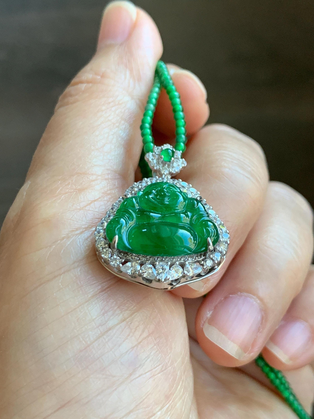 Certified Natural Grade A Guatemalan Icy Vibrant Green Jadeite Buddha Pendant Sterling Silver Beaded Necklace 20” 11g 天然冰危绿翡翠佛公吊坠绿翡翠珠项链 967