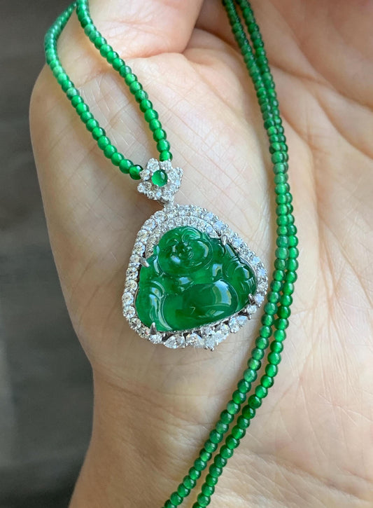 Certified Natural Grade A Guatemalan Icy Vibrant Green Jadeite Buddha Pendant Sterling Silver Beaded Necklace 20” 11g 天然冰危绿翡翠佛公吊坠绿翡翠珠项链 967