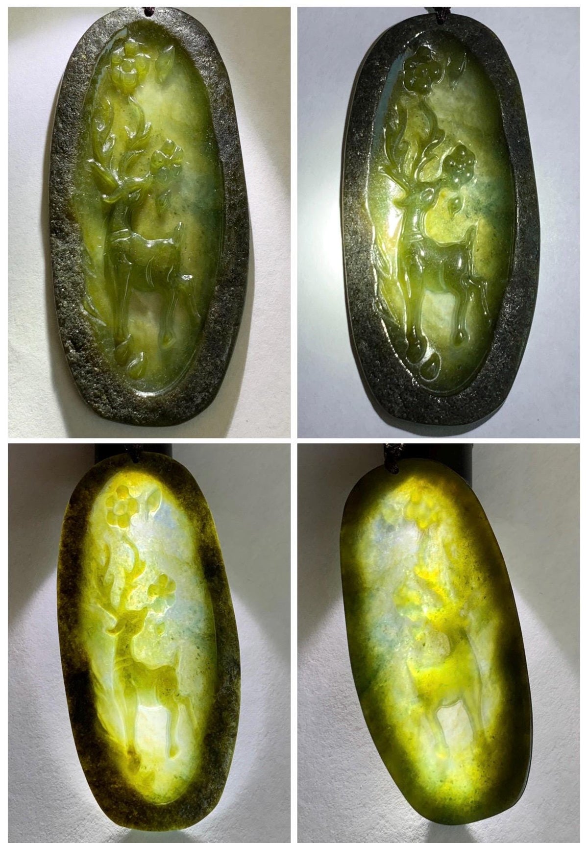 Natural Grade A Icy Translucent Dusty Olive Green Jade Jadeite Deer Cherry Blossom Pendant Rope Necklace 24.5” 14g 天然冰茶黄翡翠梅花鹿吊坠 MPL100