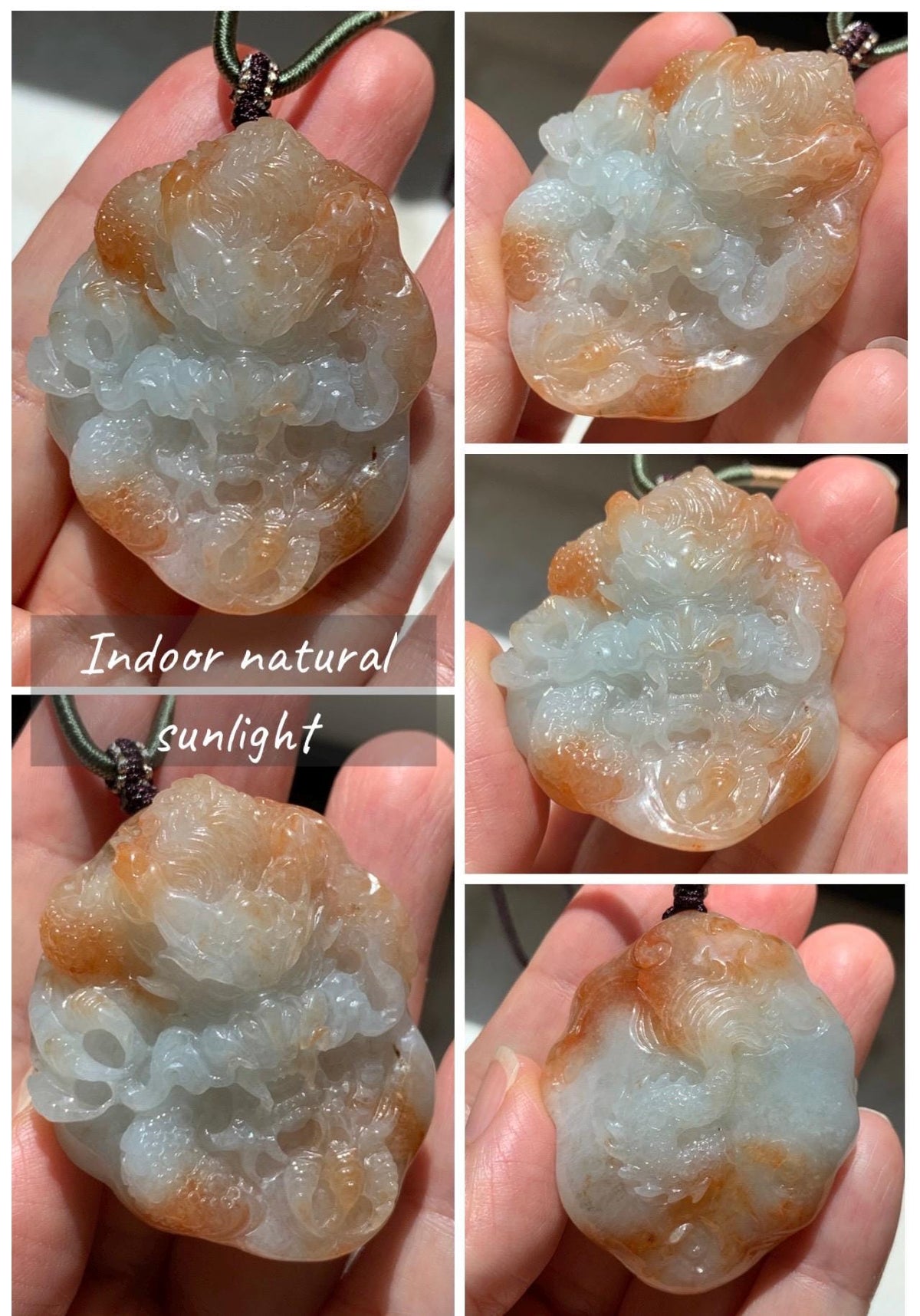Certified Natural Grade A Icy Translucent Rust Red Marbled Jade Jadeite Carved Dragon Pendant Rope Necklace 24” 43g 天然冰胶飘红翡翠龙牌项链 970