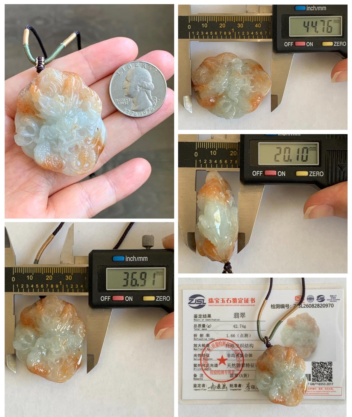 Certified Natural Grade A Icy Translucent Rust Red Marbled Jade Jadeite Carved Dragon Pendant Rope Necklace 24” 43g 天然冰胶飘红翡翠龙牌项链 970