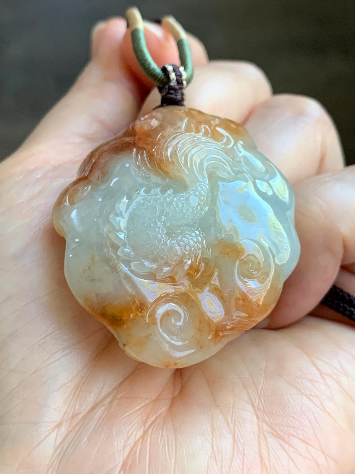 Certified Natural Grade A Icy Translucent Rust Red Marbled Jade Jadeite Carved Dragon Pendant Rope Necklace 24” 43g 天然冰胶飘红翡翠龙牌项链 970