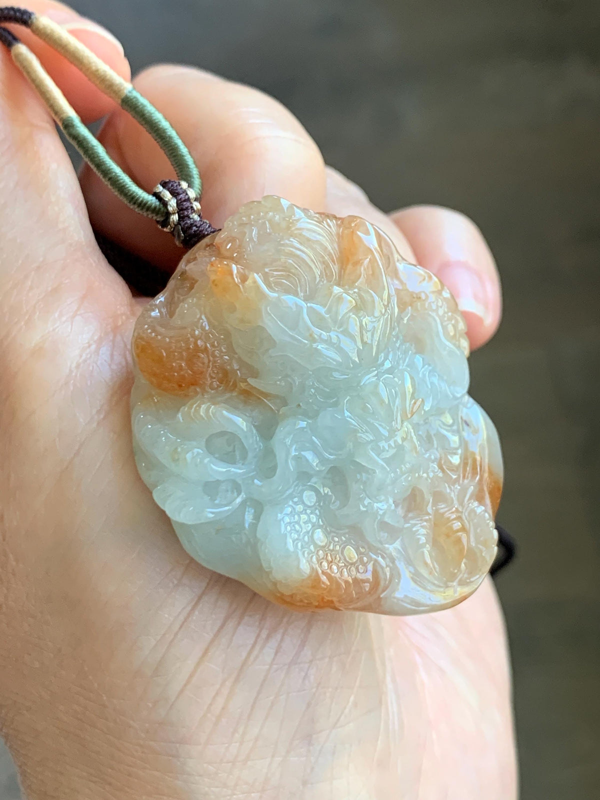 Certified Natural Grade A Icy Translucent Rust Red Marbled Jade Jadeite Carved Dragon Pendant Rope Necklace 24” 43g 天然冰胶飘红翡翠龙牌项链 970