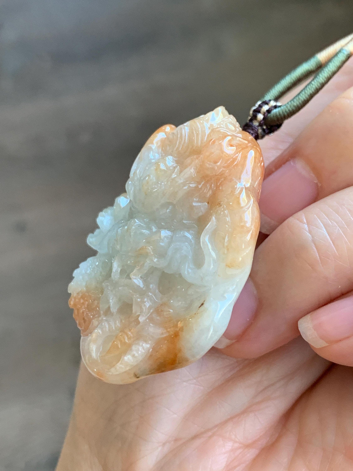 Certified Natural Grade A Icy Translucent Rust Red Marbled Jade Jadeite Carved Dragon Pendant Rope Necklace 24” 43g 天然冰胶飘红翡翠龙牌项链 970