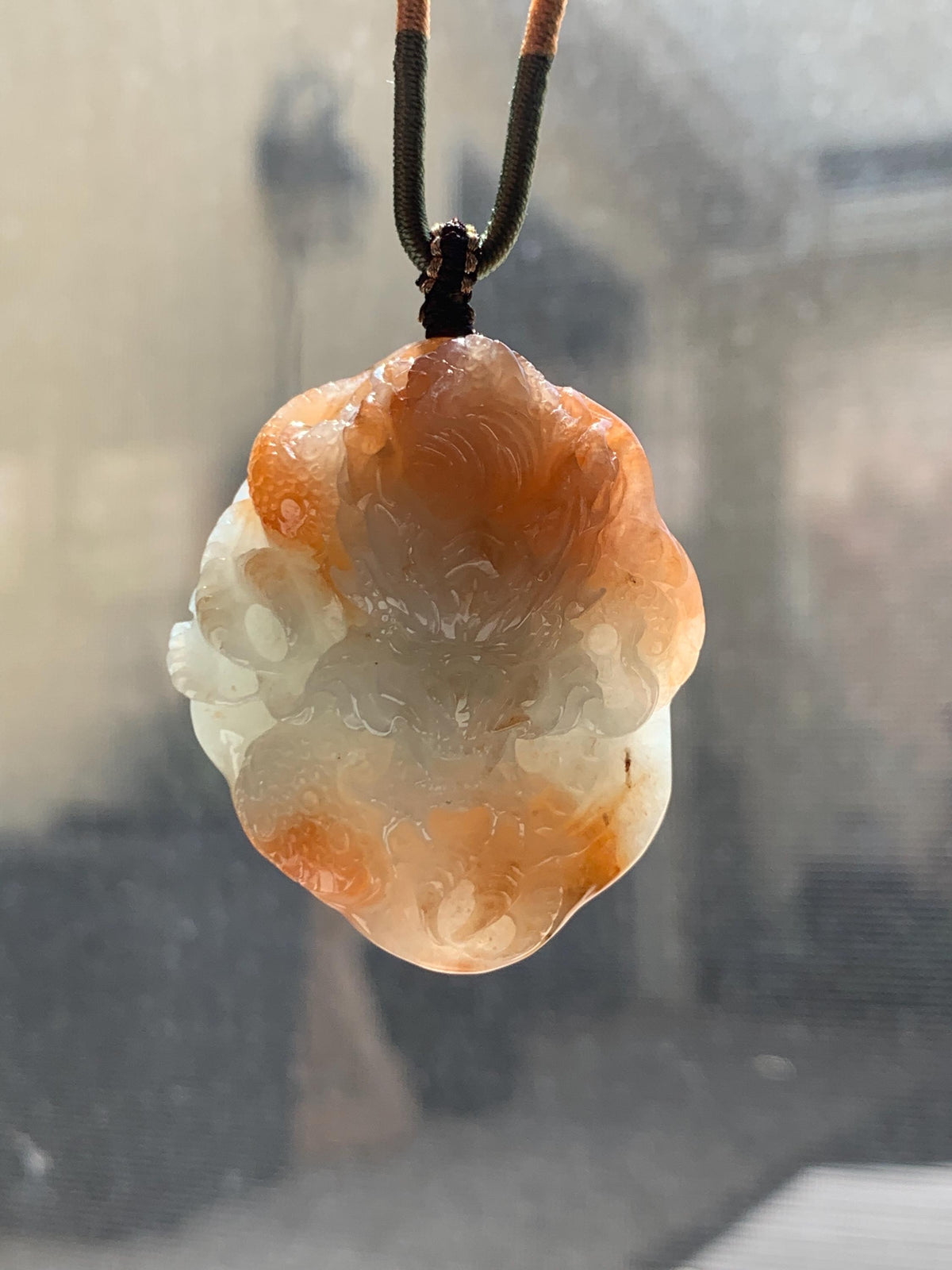 Certified Natural Grade A Icy Translucent Rust Red Marbled Jade Jadeite Carved Dragon Pendant Rope Necklace 24” 43g 天然冰胶飘红翡翠龙牌项链 970