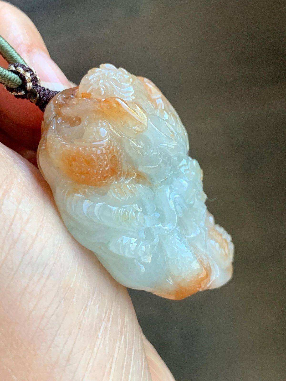 Certified Natural Grade A Icy Translucent Rust Red Marbled Jade Jadeite Carved Dragon Pendant Rope Necklace 24” 43g 天然冰胶飘红翡翠龙牌项链 970