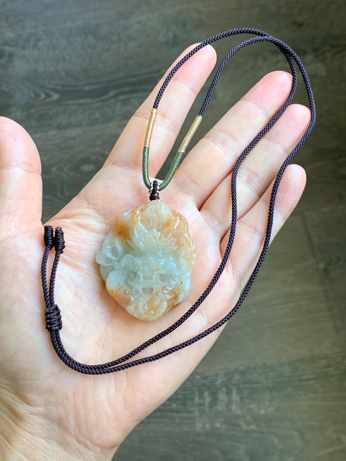 Certified Natural Grade A Icy Translucent Rust Red Marbled Jade Jadeite Carved Dragon Pendant Rope Necklace 24” 43g 天然冰胶飘红翡翠龙牌项链 970