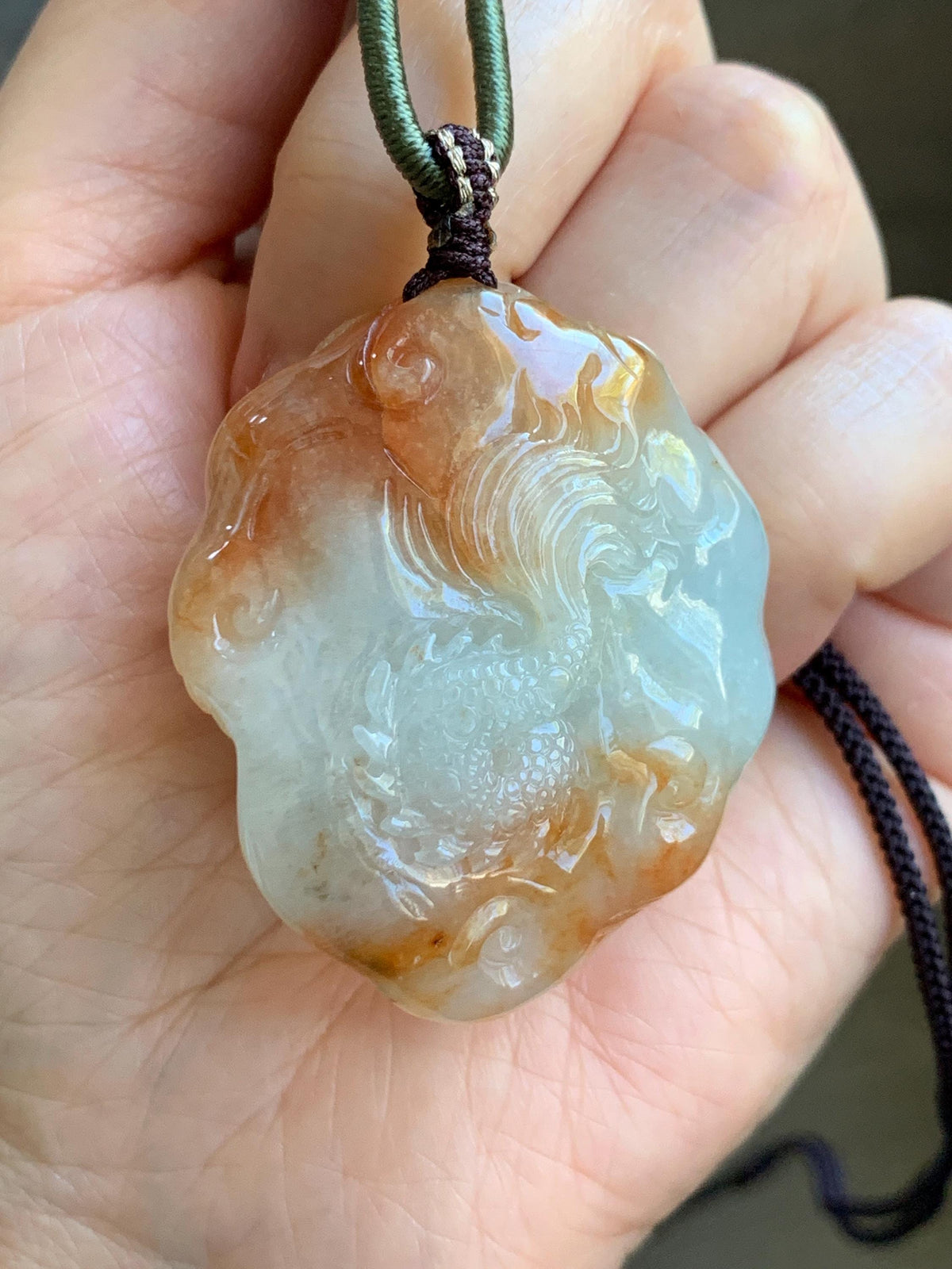 Certified Natural Grade A Icy Translucent Rust Red Marbled Jade Jadeite Carved Dragon Pendant Rope Necklace 24” 43g 天然冰胶飘红翡翠龙牌项链 970