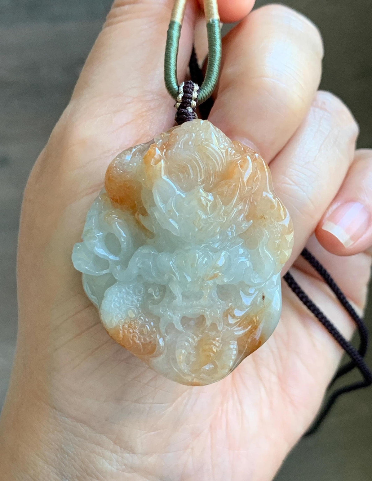 Certified Natural Grade A Icy Translucent Rust Red Marbled Jade Jadeite Carved Dragon Pendant Rope Necklace 24” 43g 天然冰胶飘红翡翠龙牌项链 970