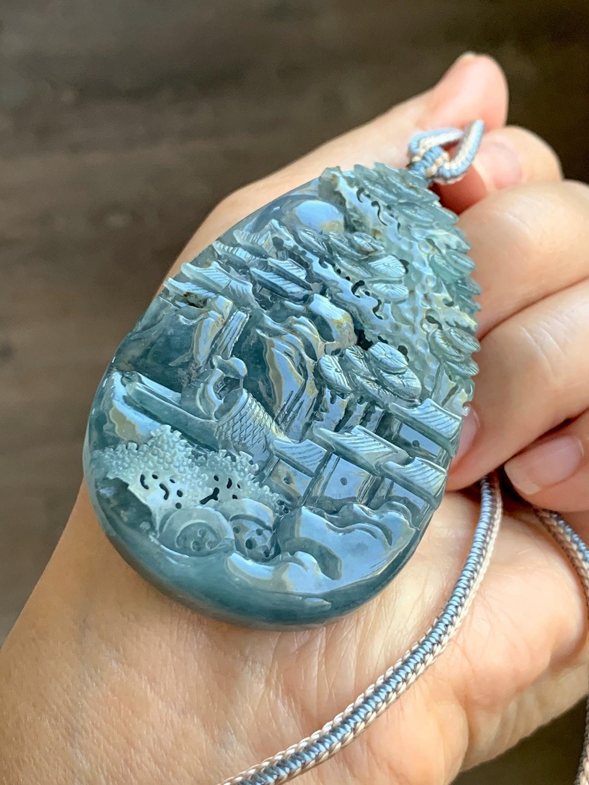 Certified Natural Grade A Guatemalan Icy Translucent Aegean Blue Jade Jadeite Shan Shui Large Pendant Rope Necklace 26” 47g 天然冰危牛仔蓝翡翠山水吊坠915