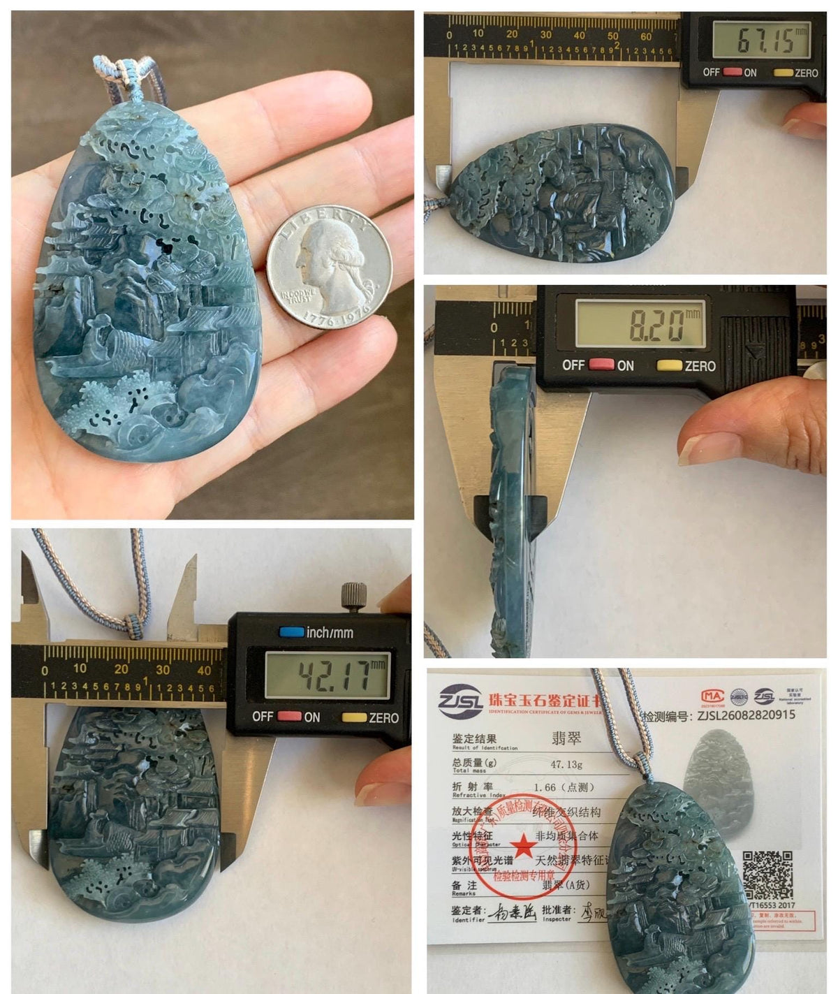 Certified Natural Grade A Guatemalan Icy Translucent Aegean Blue Jade Jadeite Shan Shui Large Pendant Rope Necklace 26” 47g 天然冰危牛仔蓝翡翠山水吊坠915